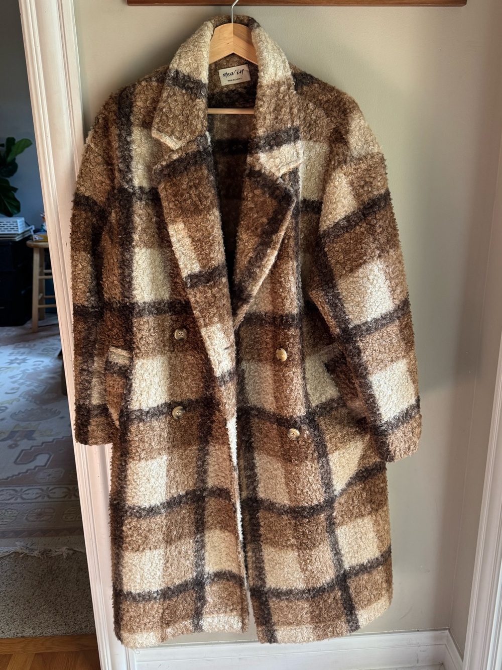 Plaid Double-Breasted Coat in Brown & Cream